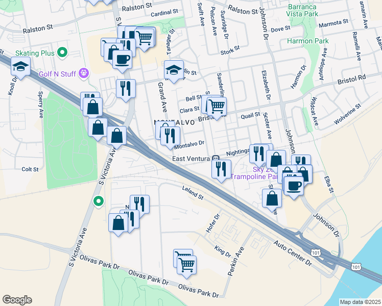 map of restaurants, bars, coffee shops, grocery stores, and more near 2591 Katherine Avenue in Ventura