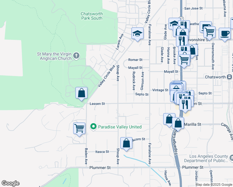 map of restaurants, bars, coffee shops, grocery stores, and more near 9937 Shoup Avenue in Los Angeles