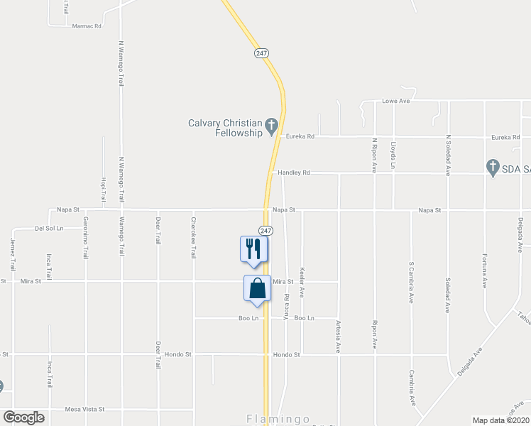 map of restaurants, bars, coffee shops, grocery stores, and more near 1 Old Woman Springs Road in Yucca Valley