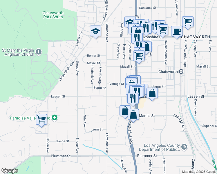 map of restaurants, bars, coffee shops, grocery stores, and more near 9934 Farralone Avenue in Los Angeles