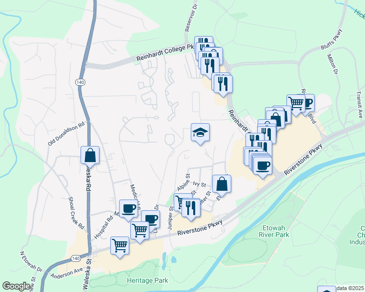 map of restaurants, bars, coffee shops, grocery stores, and more near 440 Lakeview Drive in Canton