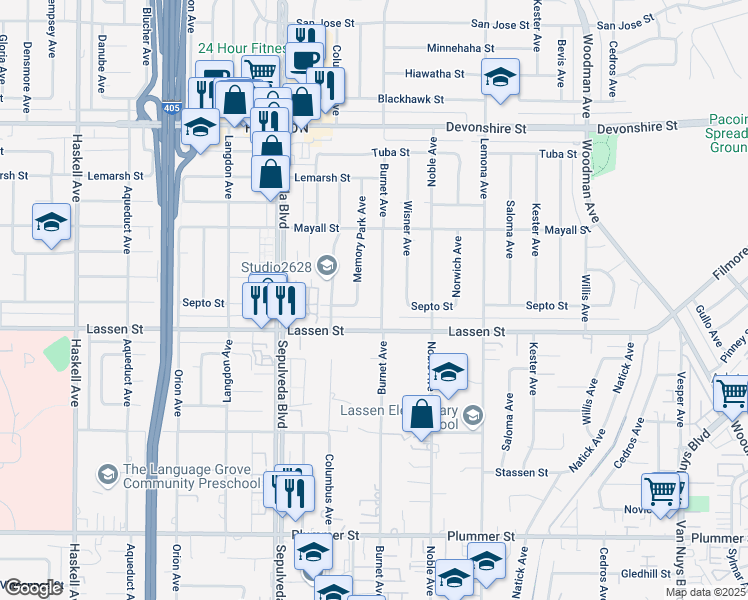 map of restaurants, bars, coffee shops, grocery stores, and more near 9935 Burnet Avenue in Los Angeles