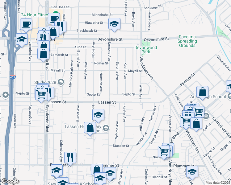 map of restaurants, bars, coffee shops, grocery stores, and more near 14937 Septo Street in Los Angeles