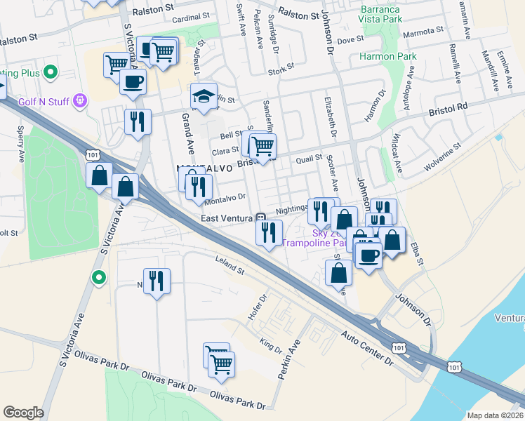 map of restaurants, bars, coffee shops, grocery stores, and more near 6329 Nightingale Street in Ventura