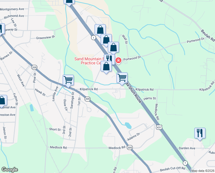map of restaurants, bars, coffee shops, grocery stores, and more near 1102 Kilpatrick Road in Albertville