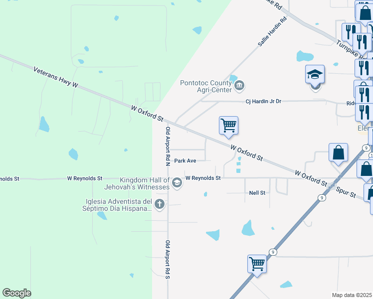 map of restaurants, bars, coffee shops, grocery stores, and more near 492 Park Avenue in Pontotoc