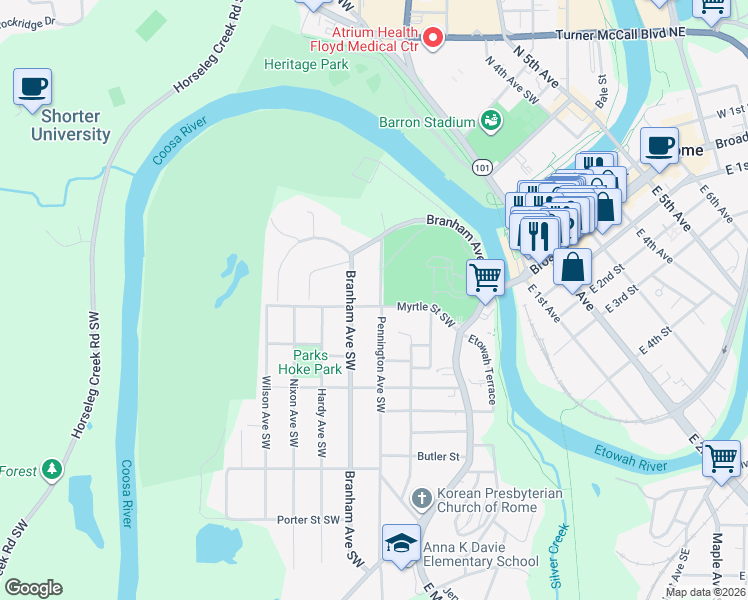 map of restaurants, bars, coffee shops, grocery stores, and more near 200 Myrtle Street Southwest in Rome