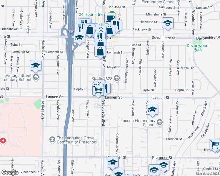 map of restaurants, bars, coffee shops, grocery stores, and more near 9930 Sepulveda Boulevard in Los Angeles