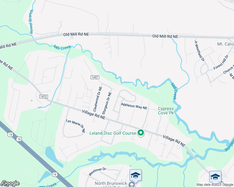 map of restaurants, bars, coffee shops, grocery stores, and more near 1140 Mill Creek Loop in Leland