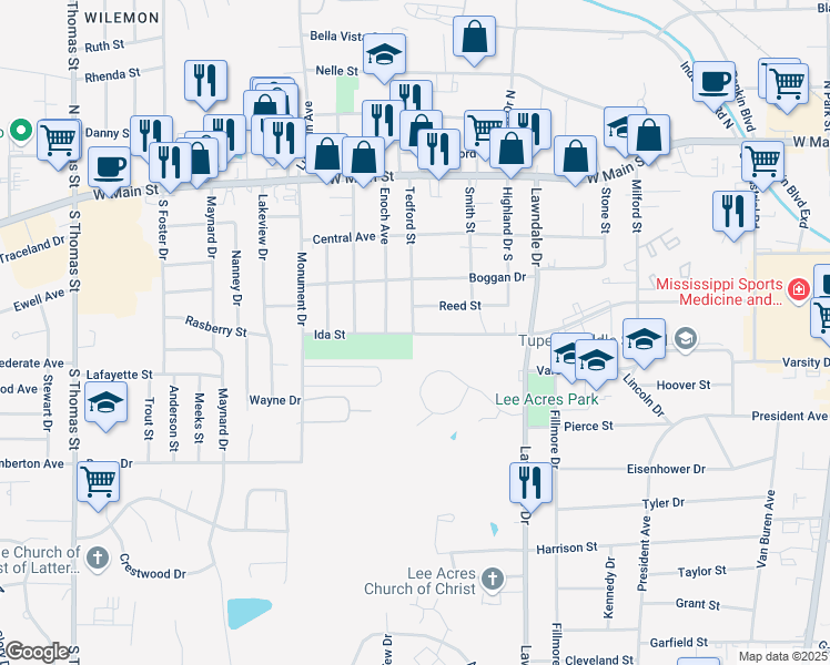 map of restaurants, bars, coffee shops, grocery stores, and more near 1523 Ida St in Tupelo