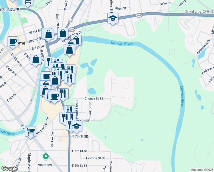 map of restaurants, bars, coffee shops, grocery stores, and more near 531 Cooper Drive Southeast in Rome
