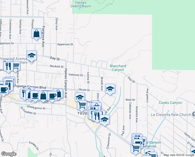 map of restaurants, bars, coffee shops, grocery stores, and more near 6520 Valmont Street in Los Angeles