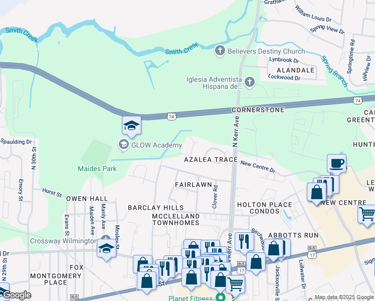 map of restaurants, bars, coffee shops, grocery stores, and more near 701 Indica Court in Wilmington