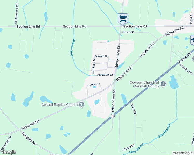 map of restaurants, bars, coffee shops, grocery stores, and more near 1806 Cherokee Drive in Albertville