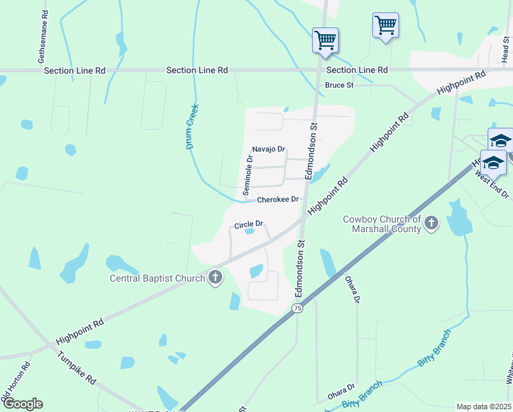 map of restaurants, bars, coffee shops, grocery stores, and more near 1806 Cherokee Dr in Albertville