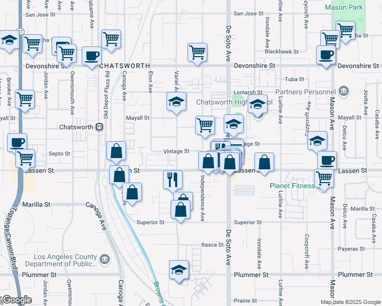 map of restaurants, bars, coffee shops, grocery stores, and more near 21026 Vintage Street in Los Angeles
