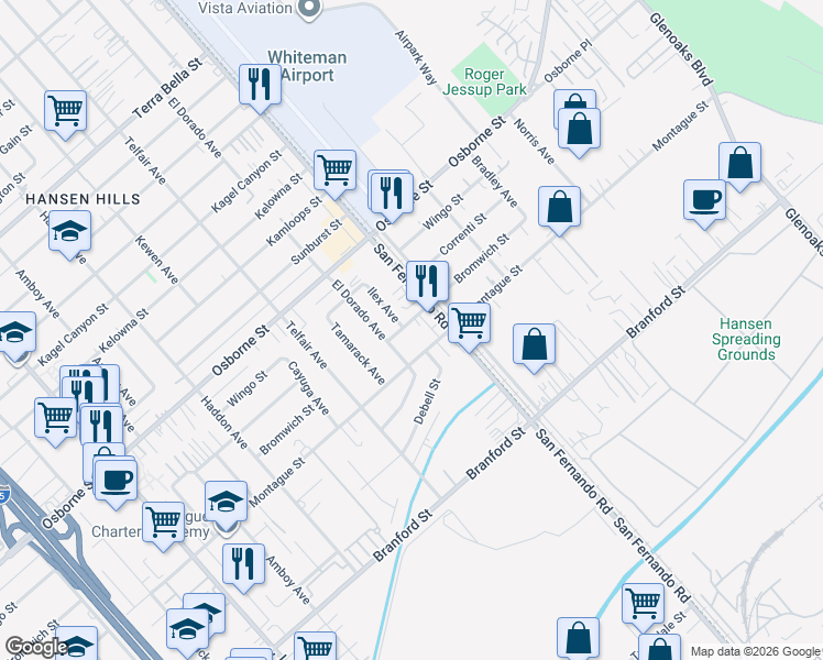 map of restaurants, bars, coffee shops, grocery stores, and more near 12572 Bromwich Street in Los Angeles