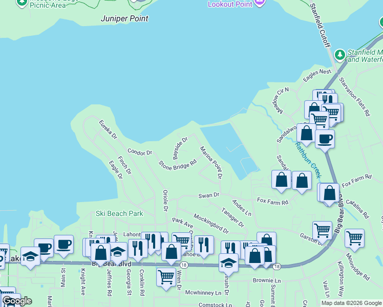 map of restaurants, bars, coffee shops, grocery stores, and more near 41555 Eagle View Drive in Big Bear Lake