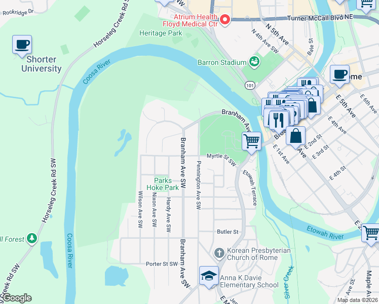map of restaurants, bars, coffee shops, grocery stores, and more near 200 Myrtle Street Southwest in Rome