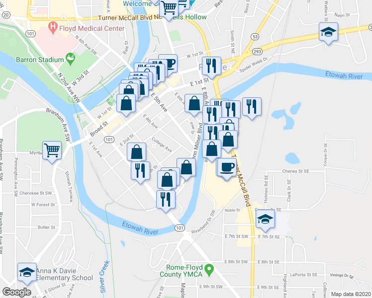 map of restaurants, bars, coffee shops, grocery stores, and more near 407 East 4th Avenue in Rome