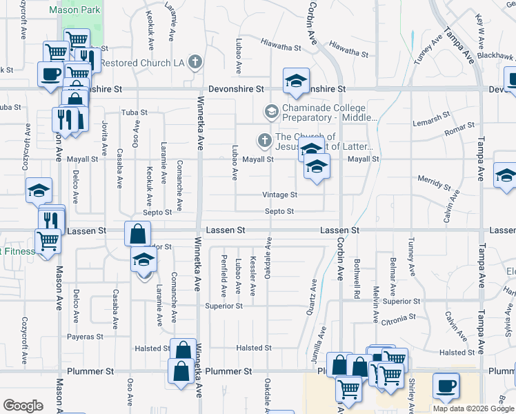 map of restaurants, bars, coffee shops, grocery stores, and more near 19921 Septo Street in Los Angeles