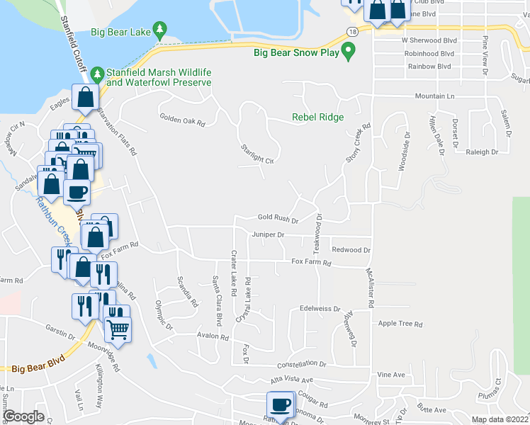map of restaurants, bars, coffee shops, grocery stores, and more near 42600 Gold Rush Drive in Big Bear