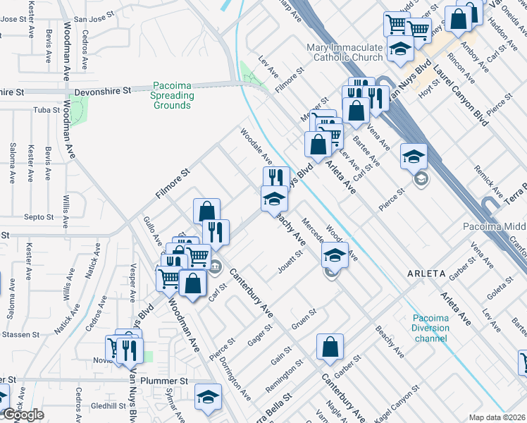 map of restaurants, bars, coffee shops, grocery stores, and more near 14211 Van Nuys Boulevard in Los Angeles