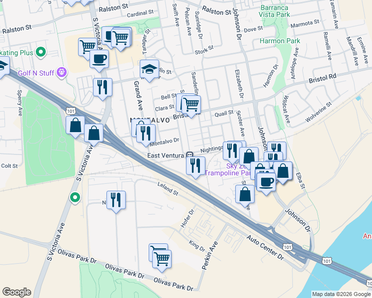 map of restaurants, bars, coffee shops, grocery stores, and more near 6309 Nightingale Street in Ventura