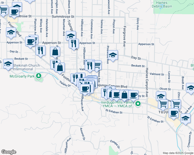 map of restaurants, bars, coffee shops, grocery stores, and more near 10037 Samoa Avenue in Los Angeles