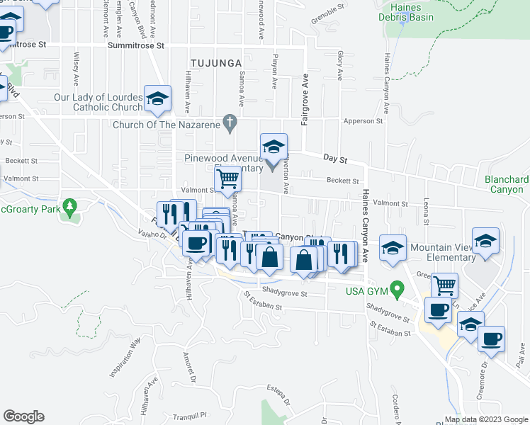 map of restaurants, bars, coffee shops, grocery stores, and more near 10038 Pinewood Avenue in Los Angeles