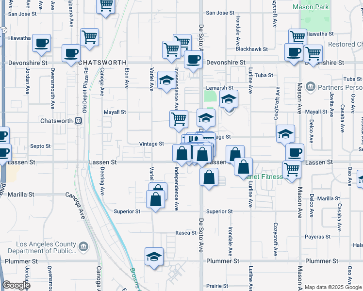map of restaurants, bars, coffee shops, grocery stores, and more near 9938 Independence Avenue in Los Angeles