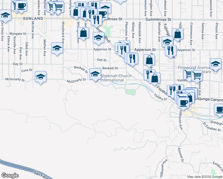 map of restaurants, bars, coffee shops, grocery stores, and more near 7700 McGroarty Street in Los Angeles