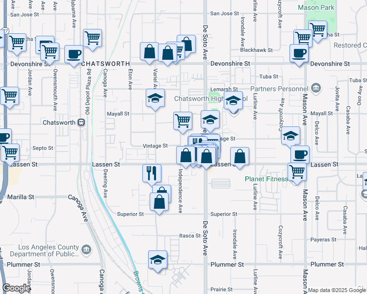 map of restaurants, bars, coffee shops, grocery stores, and more near 9938 Independence Avenue in Los Angeles