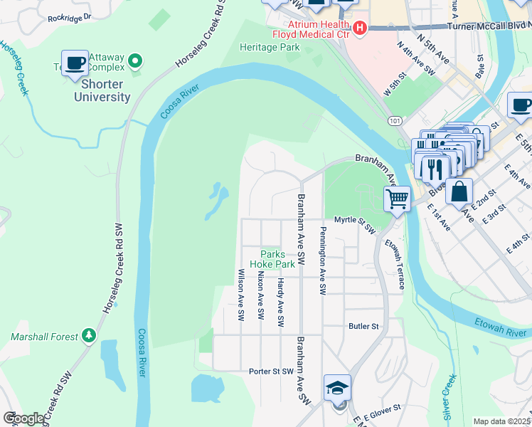 map of restaurants, bars, coffee shops, grocery stores, and more near 20 Orlystes Drive Southwest in Rome
