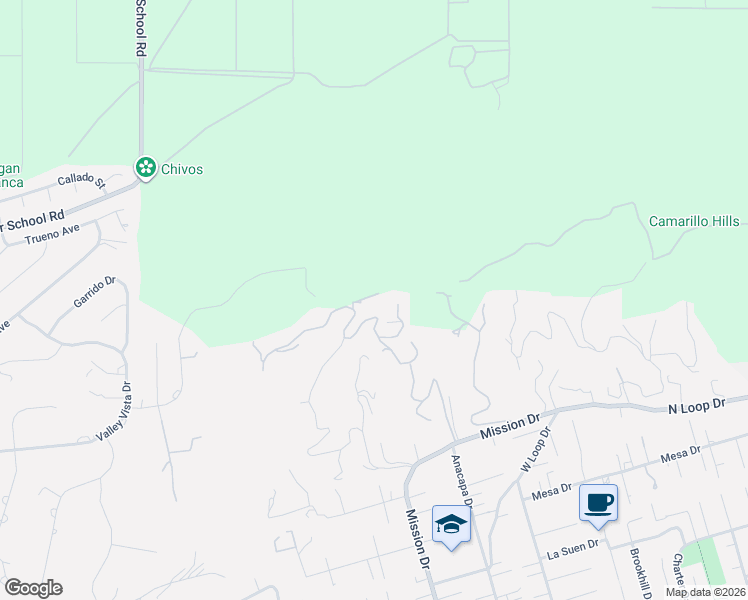map of restaurants, bars, coffee shops, grocery stores, and more near 9 Altamont Way in Camarillo
