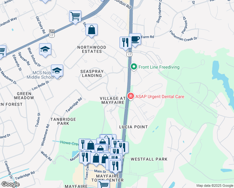 map of restaurants, bars, coffee shops, grocery stores, and more near 555 Grande Manor Court in Wilmington