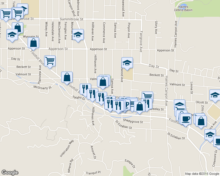map of restaurants, bars, coffee shops, grocery stores, and more near 10037 Samoa Avenue in Los Angeles