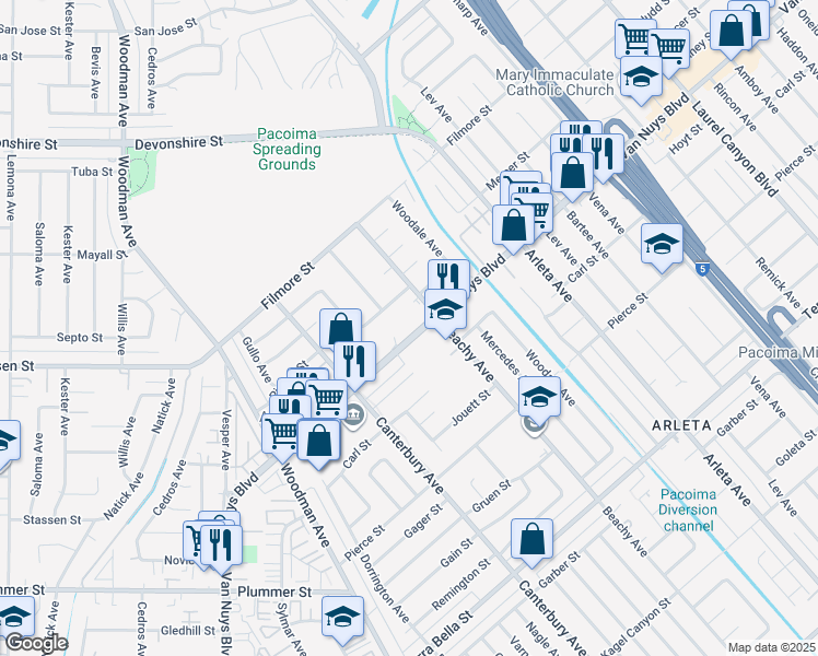 map of restaurants, bars, coffee shops, grocery stores, and more near 14211 Van Nuys Boulevard in Los Angeles