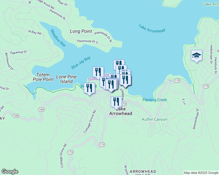 map of restaurants, bars, coffee shops, grocery stores, and more near 101 Village Bay in Lake Arrowhead