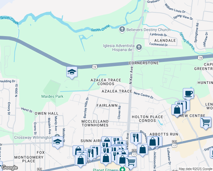 map of restaurants, bars, coffee shops, grocery stores, and more near Indica Court in Wilmington