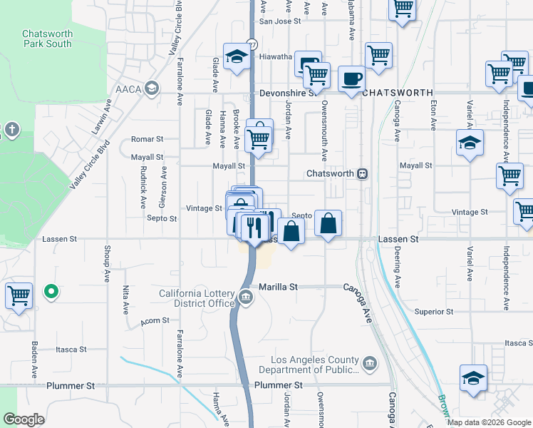 map of restaurants, bars, coffee shops, grocery stores, and more near 9950 Topanga Canyon Boulevard in Los Angeles