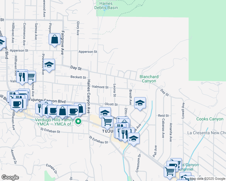 map of restaurants, bars, coffee shops, grocery stores, and more near 6604 Valmont Street in Los Angeles