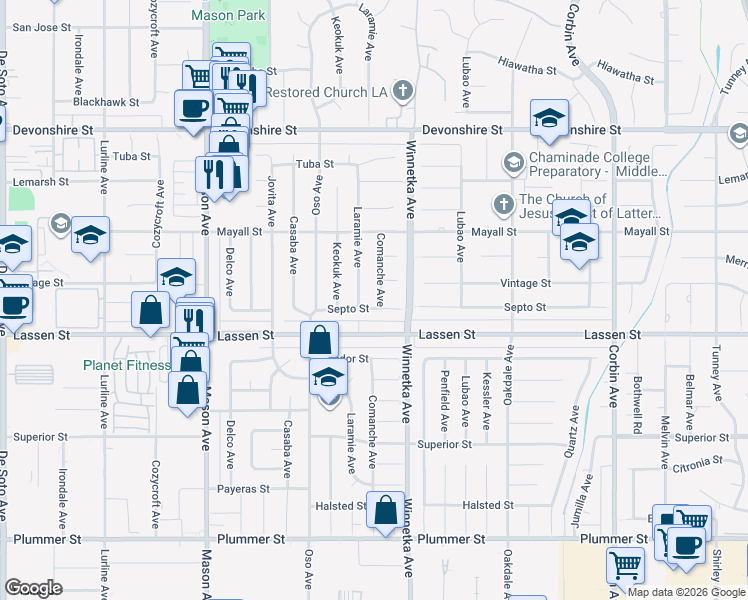 map of restaurants, bars, coffee shops, grocery stores, and more near 9937 Comanche Avenue in Los Angeles