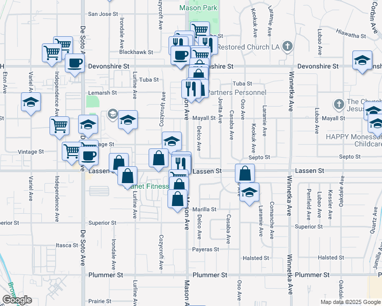 map of restaurants, bars, coffee shops, grocery stores, and more near 9938 Mason Avenue in Los Angeles