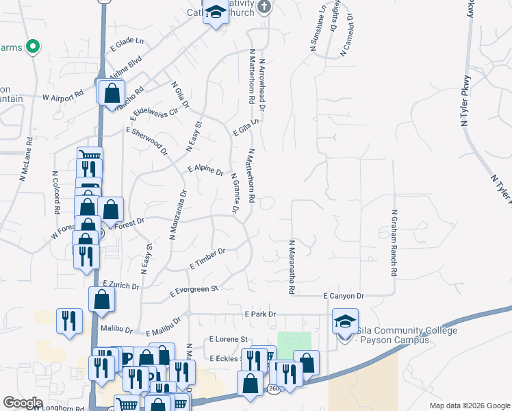 map of restaurants, bars, coffee shops, grocery stores, and more near 606 North Maranatha Road in Payson