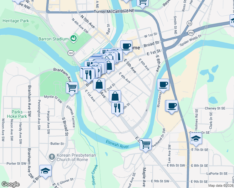 map of restaurants, bars, coffee shops, grocery stores, and more near 210 East 3rd Street in Rome