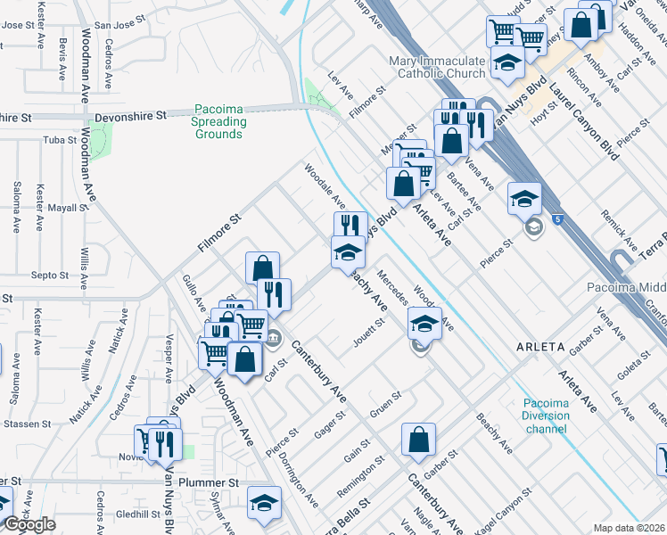 map of restaurants, bars, coffee shops, grocery stores, and more near 14200 Van Nuys Boulevard in Los Angeles
