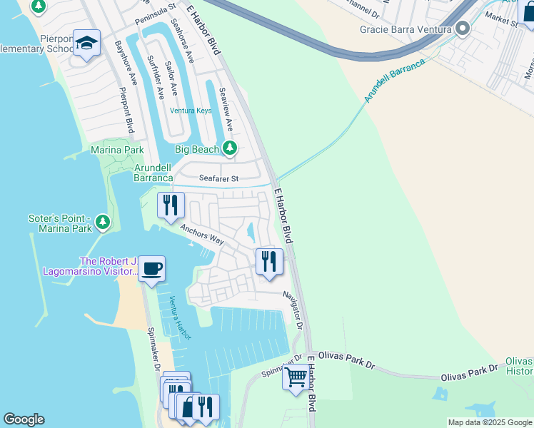 map of restaurants, bars, coffee shops, grocery stores, and more near 1215 Anchors Way Drive in Ventura