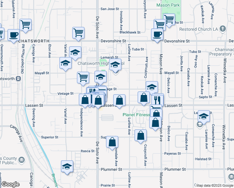 map of restaurants, bars, coffee shops, grocery stores, and more near 9945 Lurline Avenue in Los Angeles