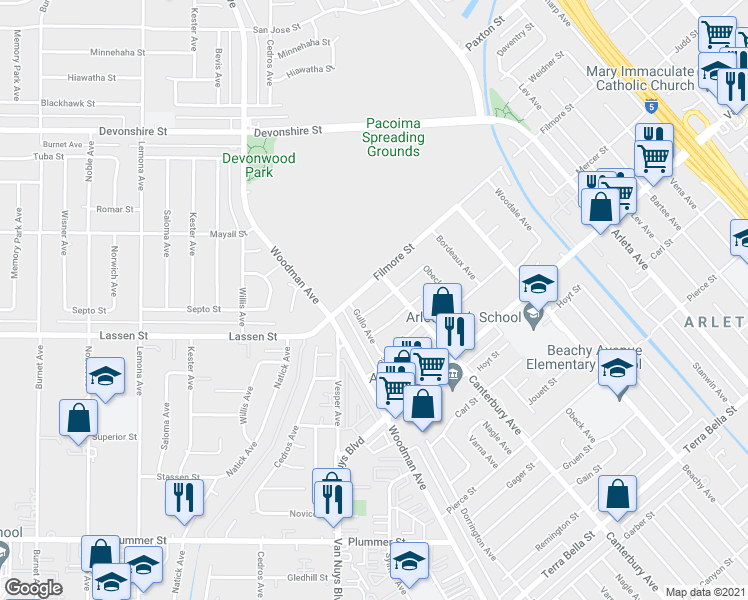 map of restaurants, bars, coffee shops, grocery stores, and more near 14501 Judd Street in Los Angeles